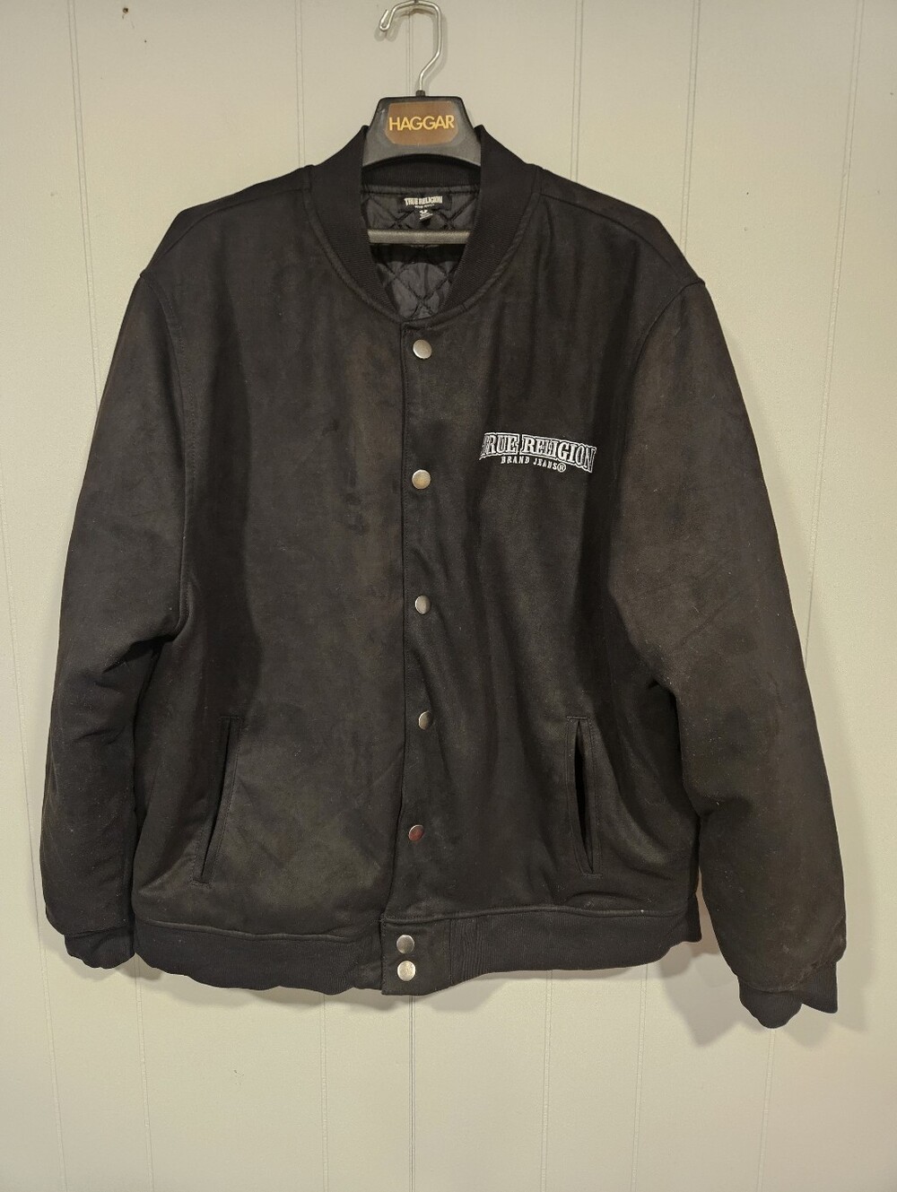 True Religion Bomber Varsity Jacket Mens XL Black Streetwear Faux Suede Snaps
